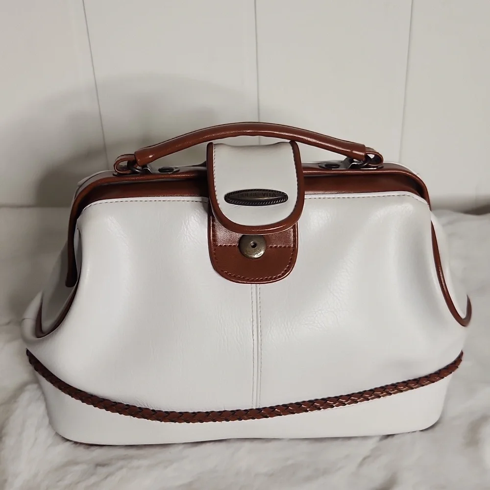 Vintage White Leather Structured Top Handle Dolce Vita Medium Sized Bag